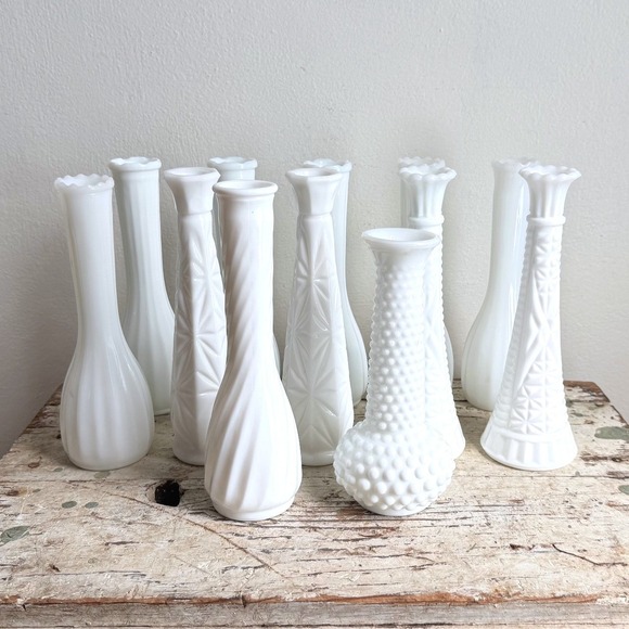 Fenton Other - Vintage Milk Glass Bud Vases Set of 12 Assorted Patterns Wedding Decor